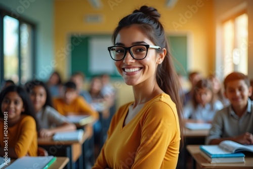 Creative Workspace. Smiling young woman with glasses in classroom lear