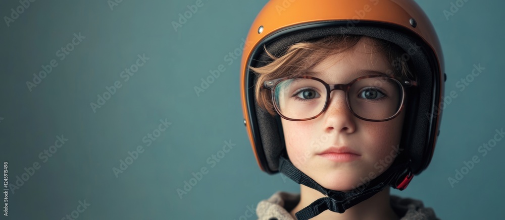 Boy in an orange helmet and glasses with a neutral background providing ample space for text insertions and creative design additions. Boy in an orange helmet and glasses with a neutral background providing ample space for text insertions and creative design additions.