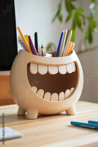 A desk organizer with drawers as mouths, laughing as supplies pop in and out