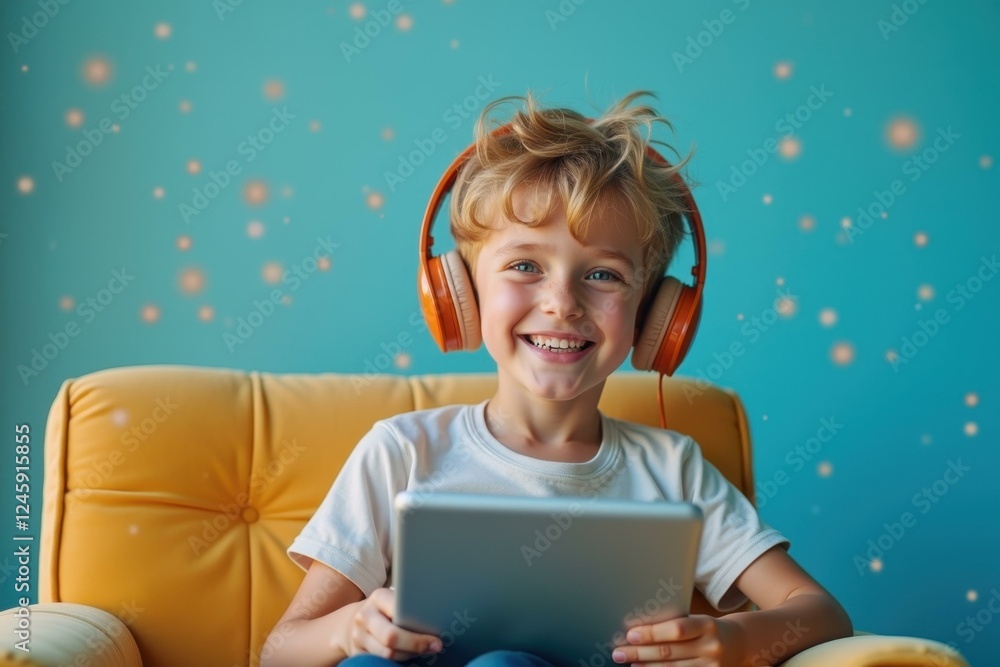 Young boy is sitting in chair with headphones on Young boy is sitting in chair with headphones on