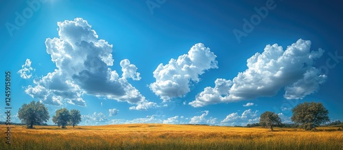 Vibrant blue sky with fluffy white clouds over golden fields and trees under bright sunlight in a serene landscape. photo