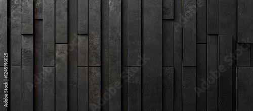 Black textured brick wall with vertical paneling creating a contemporary architectural backdrop for design and advertising purposes photo