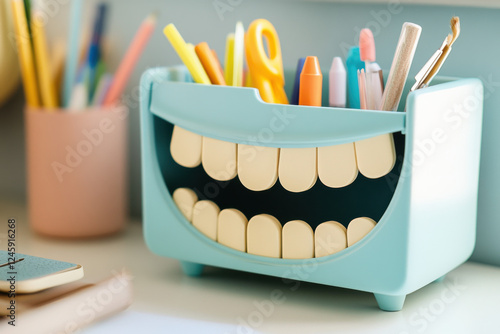 A desk organizer with drawers as mouths, laughing as supplies pop in and out
