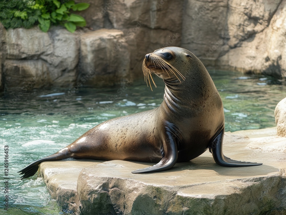 Obraz premium Majestic sea lion basking on a rock in its natural habitat near the water