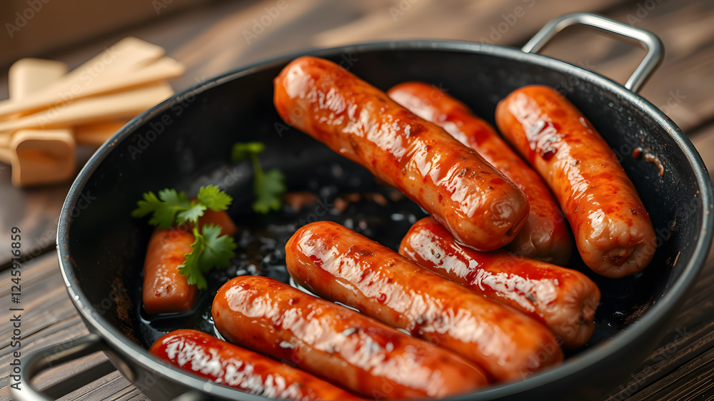 Barbecue sausages in frying pan on wooden table, close up. Generative AI Barbecue sausages in frying pan on wooden table, close up. Generative AI