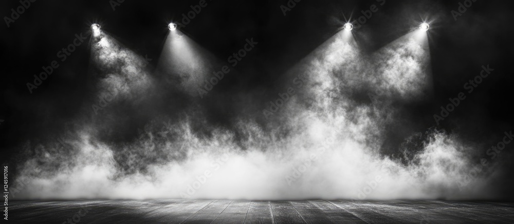 Black and white image of a dramatic concert stage with smoke and lights creating a dynamic atmosphere for creative text overlay Black and white image of a dramatic concert stage with smoke and lights creating a dynamic atmosphere for creative text overlay
