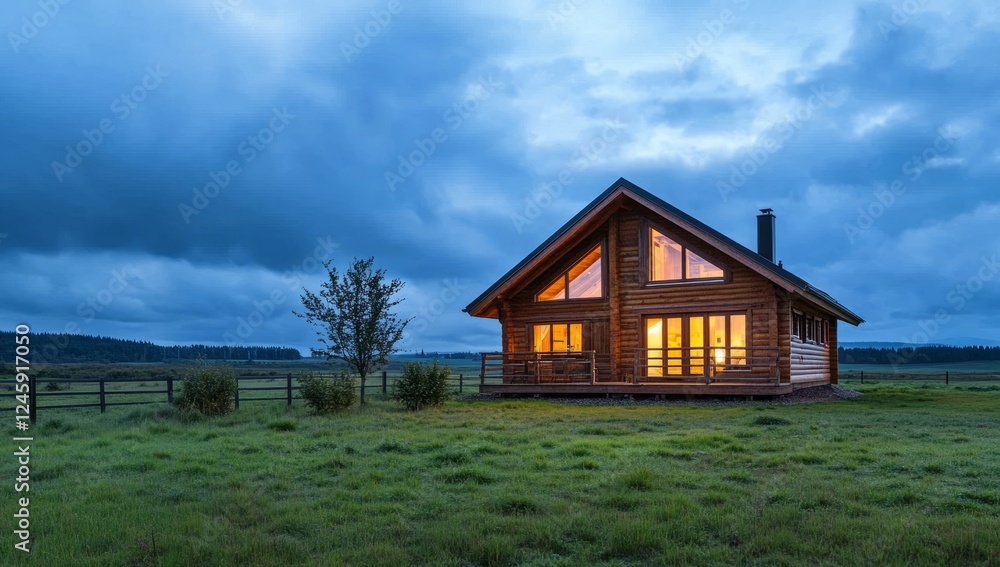 Small wooden cabin in a picturesque rural landscape surrounded by open fields and greenery under a clear blue sky Small wooden cabin in a picturesque rural landscape surrounded by open fields and greenery under a clear blue sky