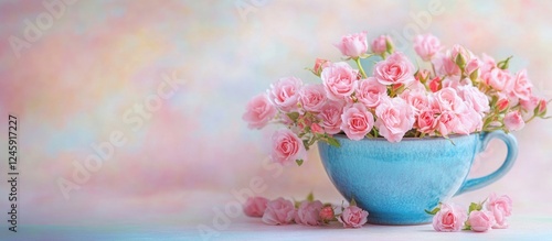 Wallpaper Mural Blue porcelain cup filled with delicate pink roses against a soft pastel background showcasing floral beauty and elegance. Torontodigital.ca