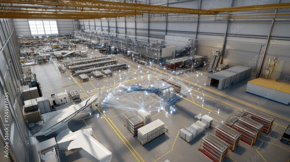 An aerial view showing a network of sensor nodes in a manufacturing facility, with visual data flows indicating the expansive reach and speed of 5G networks. An aerial view showing a network of sensor nodes in a manufacturing facility, with visual data flows indicating the expansive reach and speed of 5G networks.