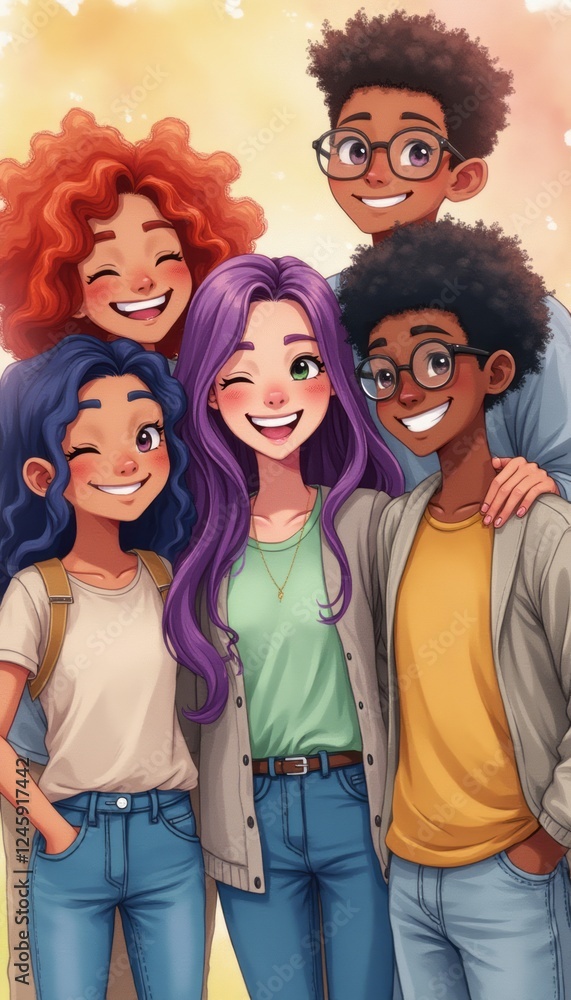 Naklejka premium A vibrant group of five diverse friends, each showcasing unique hairstyles and colors, radiates joy against a warm, glowing background. Their playful expressions and close-knit camaraderie capture the