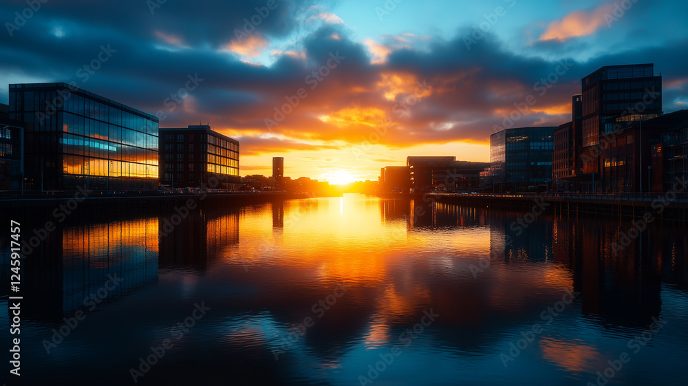 Modern office buildings reflect in tranquil canal at sunset, creating stunning visual of vibrant colors and serene water. scene evokes sense of calm and beauty Modern office buildings reflect in tranquil canal at sunset, creating stunning visual of vibrant colors and serene water. scene evokes sense of calm and beauty