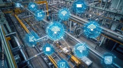 An aerial view showing a network of sensor nodes in a manufacturing facility, with visual data flows indicating the expansive reach and speed of 5G networks.