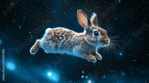 A whimsical rabbit in Ravenclaw colors, leaping through the universe with a clean, minimalist space backdrop  photo