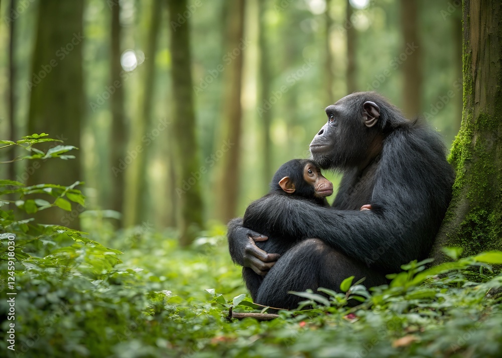 Obraz premium A chimpanzee mother cradles her sleeping infant in a lush green forest.