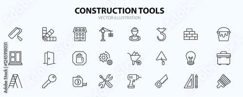 Set of Construction tools related vector line icons