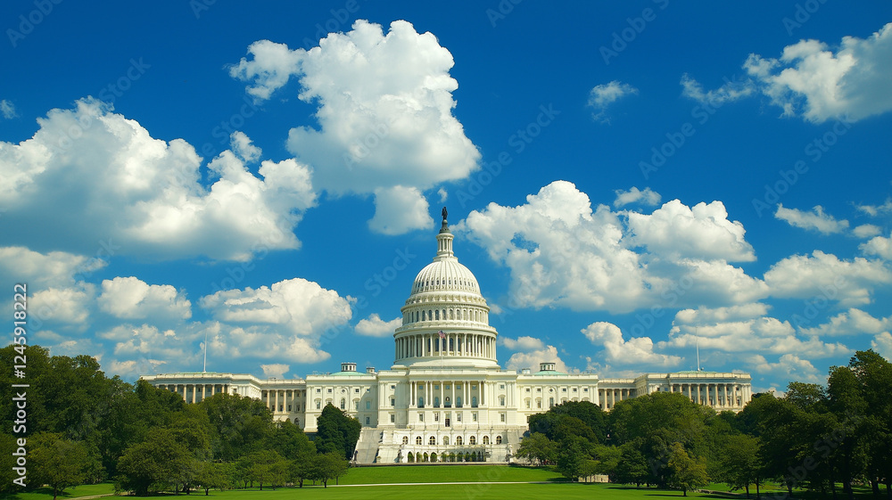 Fototapeta premium United States Capitol building stands majestically against bright blue sky filled with fluffy clouds, surrounded by lush greenery, symbolizing democracy and governance