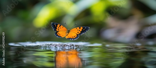 Taiwan Symbrenthia hypselis butterfly gracefully hovering above water with reflection in vibrant natural setting. photo