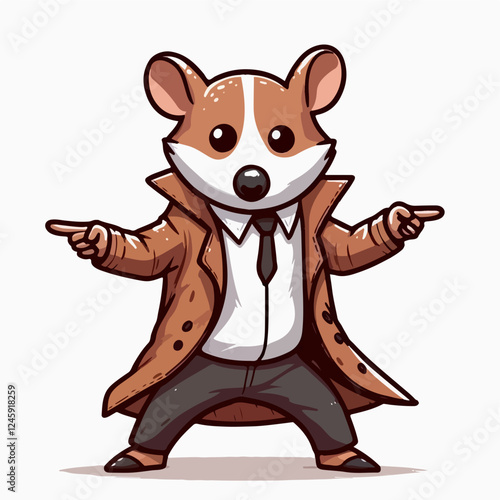 The Case of the Curious Mouse:  A charming and dapper mouse detective, with a trench coat, tie, and a mischievous glint in his eye, stands with both arms outstretched, ready to investigate the case.