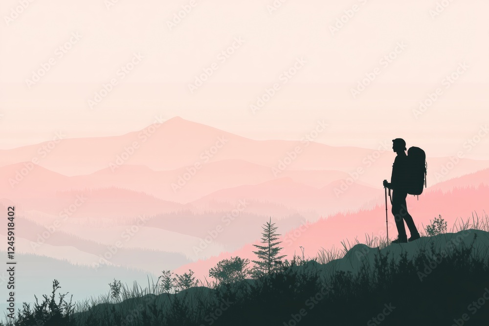 Obraz premium Silhouette of a hiker on a mountain ridge with beautiful sunrise colors in the background. Generative AI