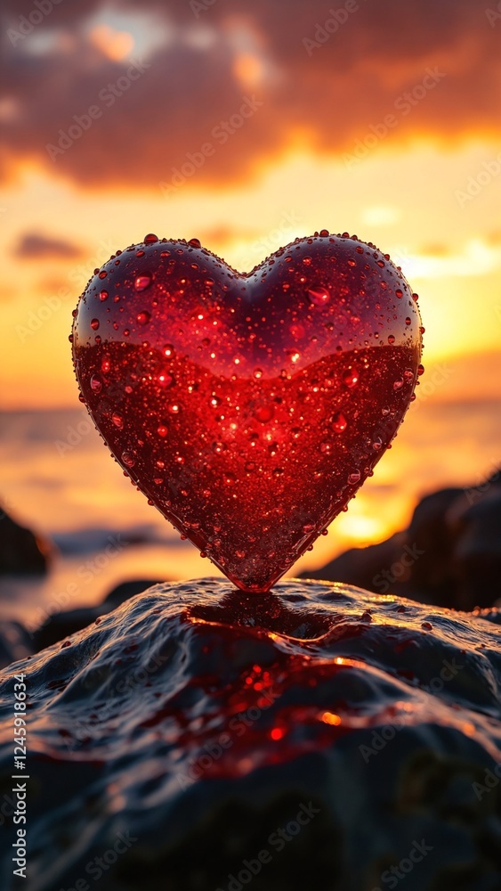 Fototapeta premium Red heart with water drops standing on wet rock during sunset