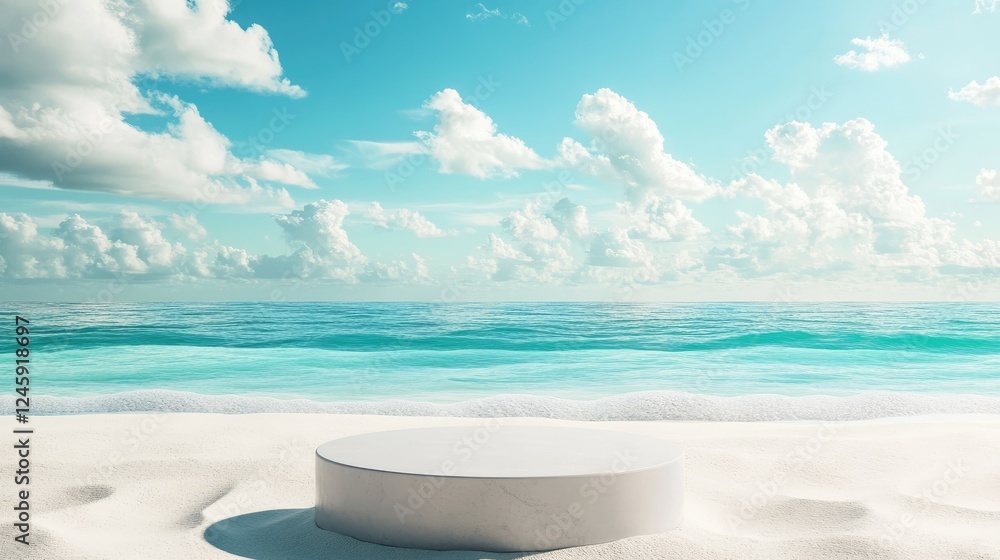 An empty product pedestal set against a stunning backdrop of white sand and turquoise water, creating a serene and luxurious display for cosmetics. An empty product pedestal set against a stunning backdrop of white sand and turquoise water, creating a serene and luxurious display for cosmetics.