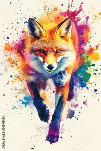 Colorful fox running, paint splash background, art print