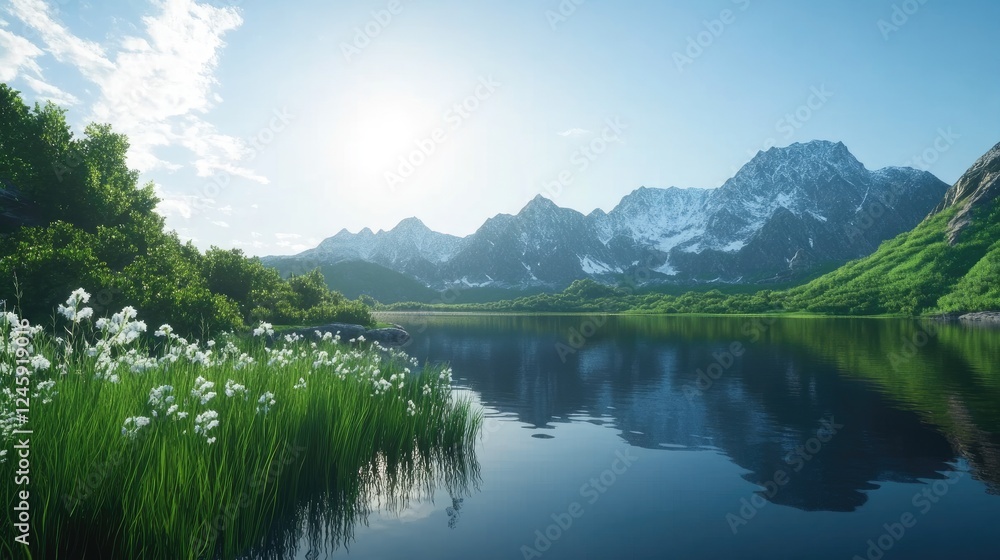 Serene Mountain Lake View with Lush Greenery and White Flowers on a Sunny Day Serene Mountain Lake View with Lush Greenery and White Flowers on a Sunny Day