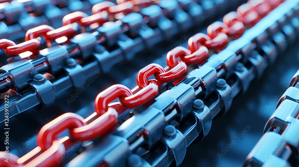 Fototapeta premium The image features a close-up view of interconnected chains, showcasing a vibrant contrast between red and blue links.
