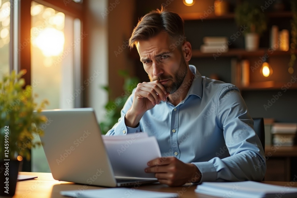Man is sitting at table with laptop and papers Man is sitting at table with laptop and papers