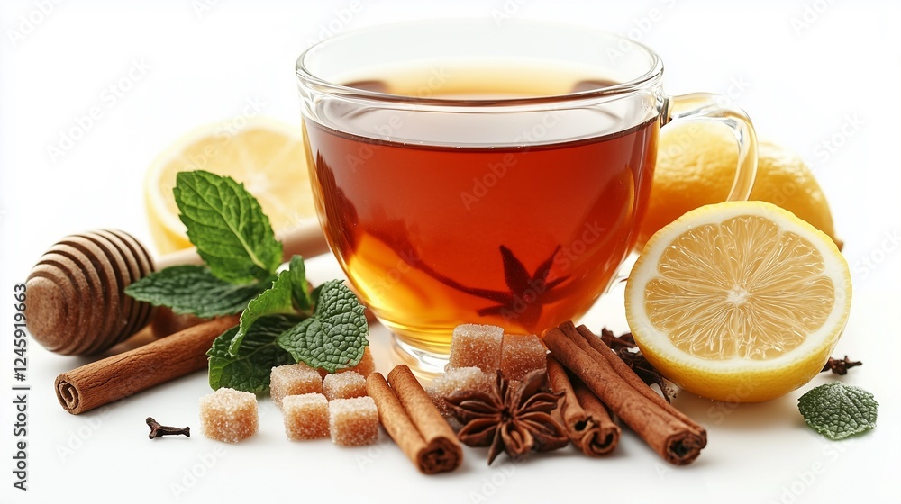 Elegant Cup of Tea with Accompaniments on a White Background Elegant Cup of Tea with Accompaniments on a White Background
