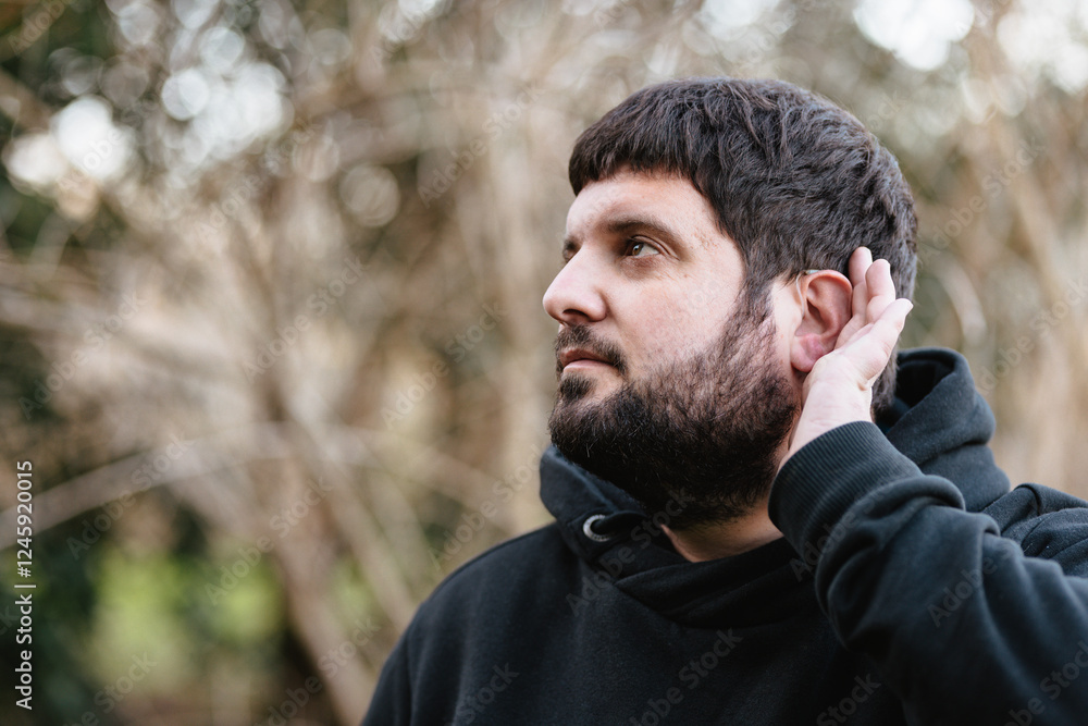 Deaf man in outdoor setting using hearing aid while enjoying nature on a calm day Deaf man in outdoor setting using hearing aid while enjoying nature on a calm day