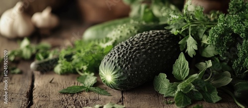 Fresh bitter cucumber surrounded by herbs on rustic wooden surface, enhancing organic and natural food themes in culinary presentations. photo