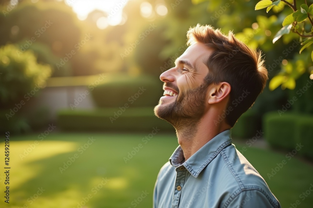 Sunshine Portrait. Smiling bearded man enjoying sunlight in garden on Sunshine Portrait. Smiling bearded man enjoying sunlight in garden on
