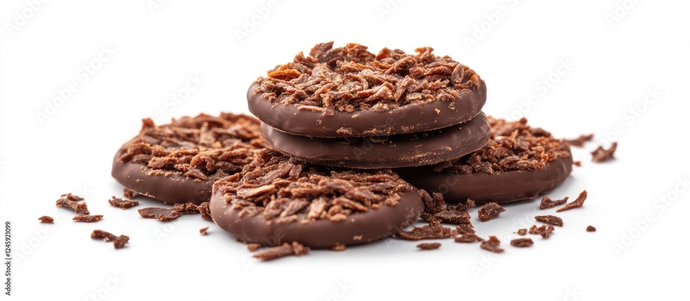 Chocolate biscuits topped with dried beef flakes showcasing a unique blend of savory and sweet flavors against a clean white background. Chocolate biscuits topped with dried beef flakes showcasing a unique blend of savory and sweet flavors against a clean white background.