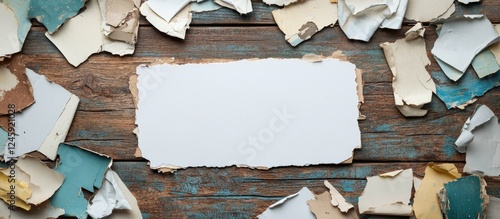Torn Paper Background with Blank Space for Text on Rustic Wooden Table