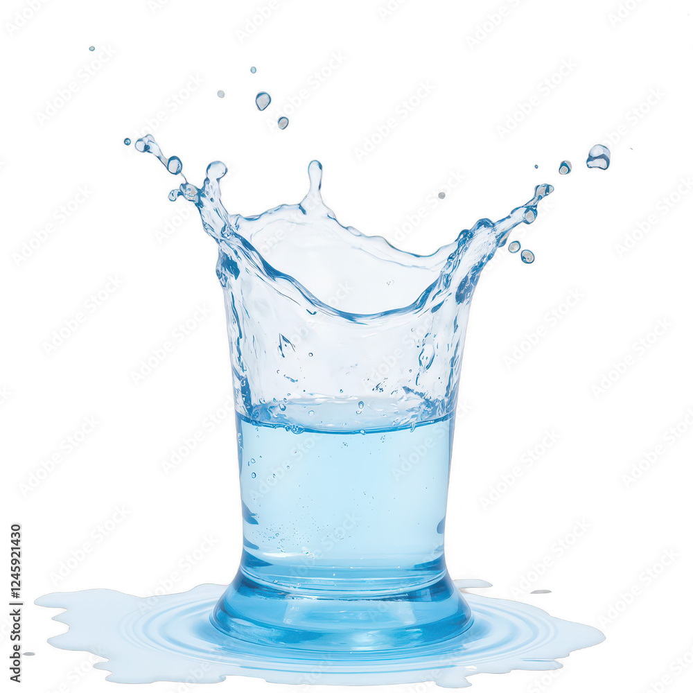 Glass filled with water, clear liquid splashing out, refreshing and vibrant, ideal for wellness and hydration themes. Isolated on white background or PNG Glass filled with water, clear liquid splashing out, refreshing and vibrant, ideal for wellness and hydration themes. Isolated on white background or PNG