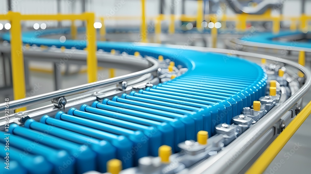Naklejka premium A vibrant conveyor belt in a modern industrial setting, showcasing a curved path with blue rollers against a yellow framework.