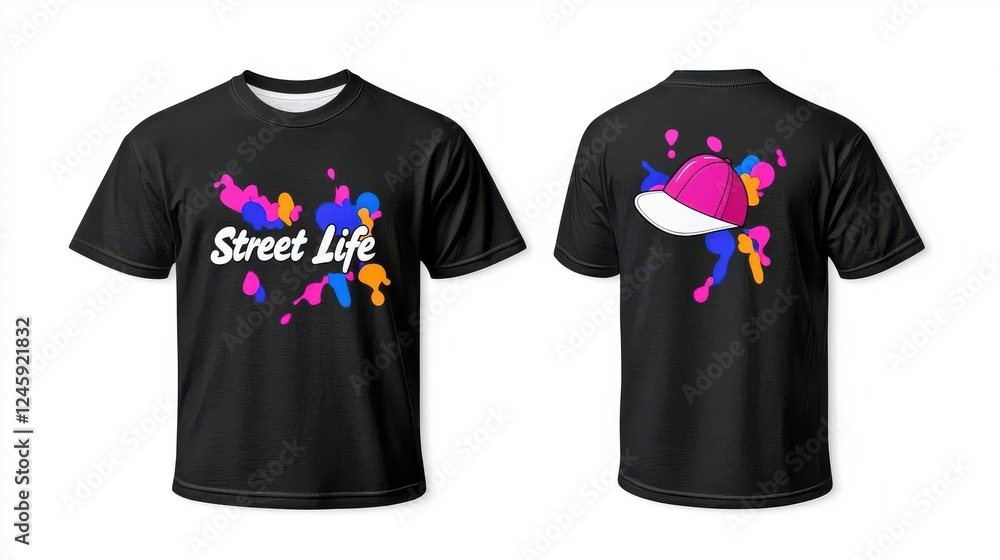 Black T-Shirt with Colorful Splatter Design and Street Life Text Black T-Shirt with Colorful Splatter Design and Street Life Text