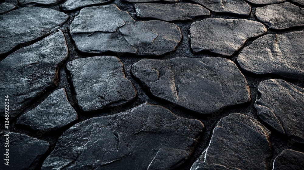 Fototapeta premium Dark stone pavement texture, outdoor, sunlight, background