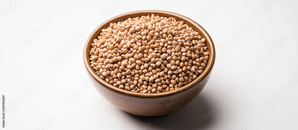 Bowl filled with raw buckwheat grains on a clean white background showcasing healthy food choices and natural ingredients. Bowl filled with raw buckwheat grains on a clean white background showcasing healthy food choices and natural ingredients.