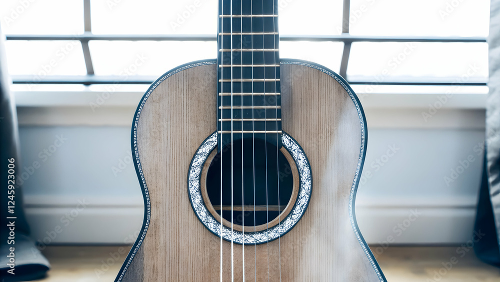 Obraz premium Traditional Wooden Folk Guitar: Acoustic Music Instrument Art for Classic Folk Guitar Photography with Empty Space for Creative Concepts