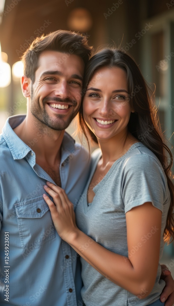 Fototapeta premium A happy couple stands close together, radiating joy and love in a sunlit outdoor setting. Their genuine smiles and affectionate pose capture the essence of romance and connection, highlighting the