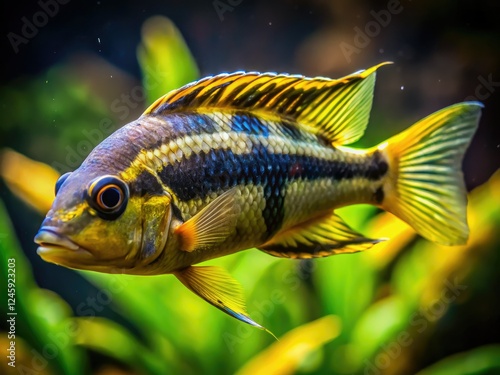 Aerial view: vibrant Yellow Livingstonii cichlids showcase dazzling Mbuna colours in their aquarium home. photo