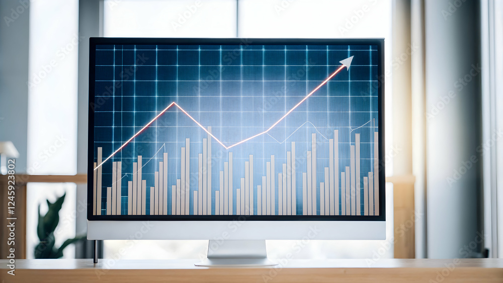 Widescreen Abstract Financial Graph: Uptrend Line & Bar Chart on Blue Background for Market Growth Widescreen Abstract Financial Graph: Uptrend Line & Bar Chart on Blue Background for Market Growth