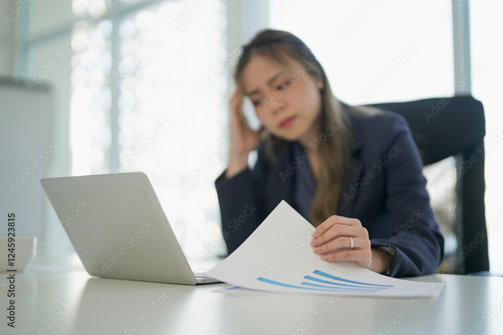 Disappointed woman office worker while sitting on office desk.. Disappointed woman office worker while sitting on office desk..