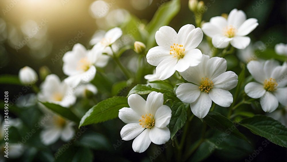 White Flowers in Bloom with Soft Sunlight White Flowers in Bloom with Soft Sunlight