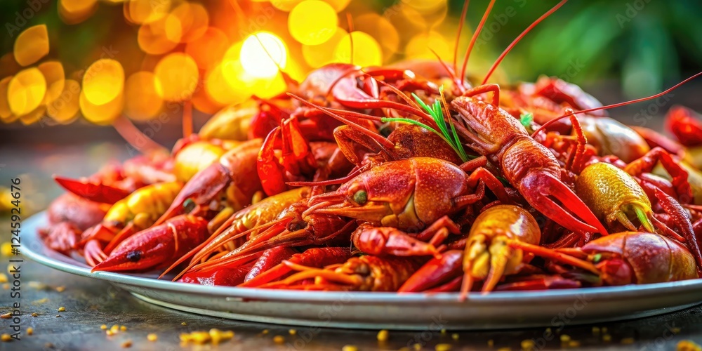 A panoramic view of vibrant red crawfish, piled high on a sunny yellow plate – a delicious seafood feast. A panoramic view of vibrant red crawfish, piled high on a sunny yellow plate – a delicious seafood feast.
