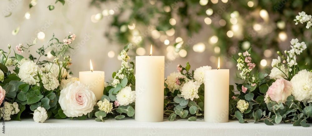 Fototapeta premium Elegant wedding table setting with white and pink flowers and candles surrounded by greenery on a festive table with soft lighting ambiance