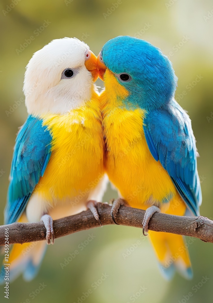 Obraz premium Two beautiful blue and yellow birds on a branch