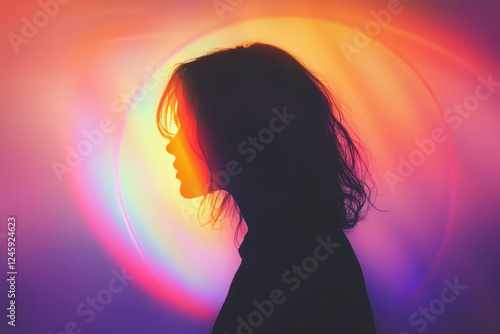 A distant silhouette of a woman facing a bright sun disk, rainbow light rays cascading around her